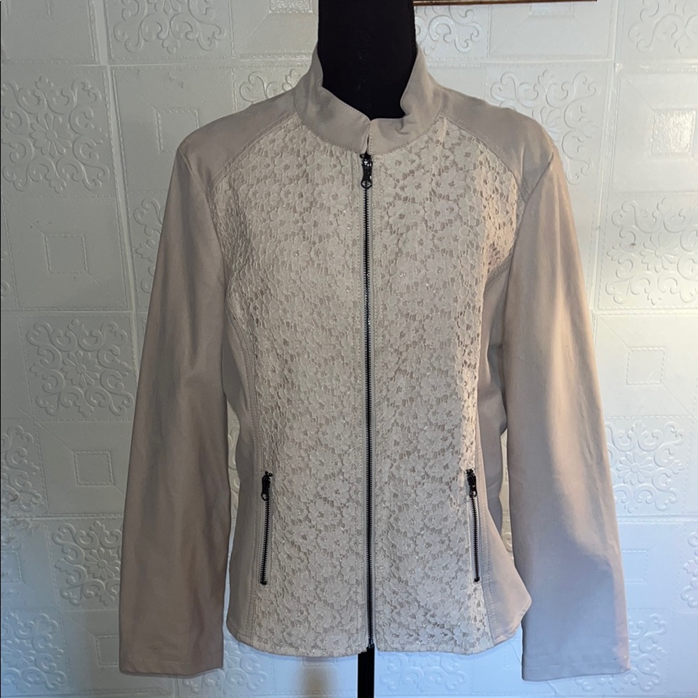 Kate & Mallory Pink Bomber Jacket with Textured Lace Front